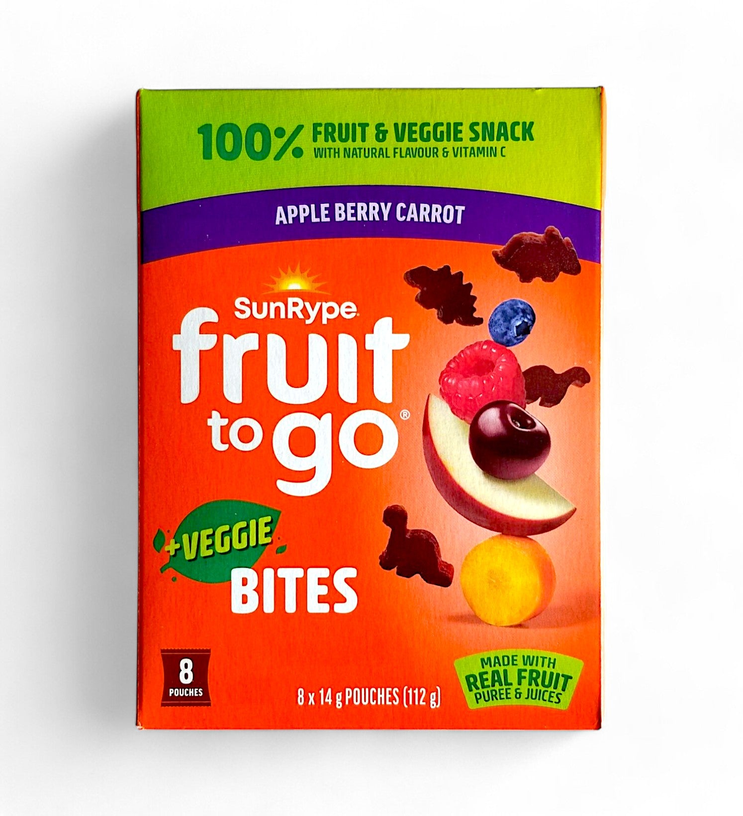 SunRype Fruit to Go + Veggie Bites, Apple Berry Carrot – 8 Pouches x 14g (112g/4 oz) - Front Of Box