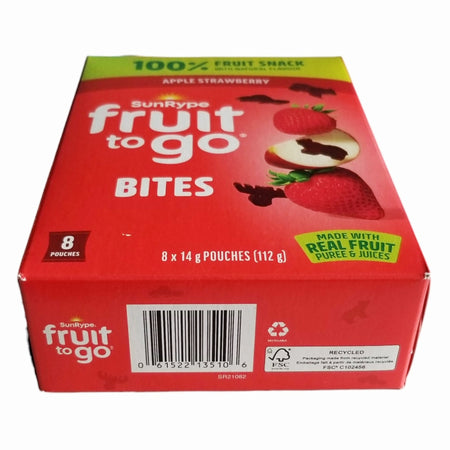 SunRype Fruit to Go Bites Apple Strawberry 8x14g bottom of box with UPC barcode