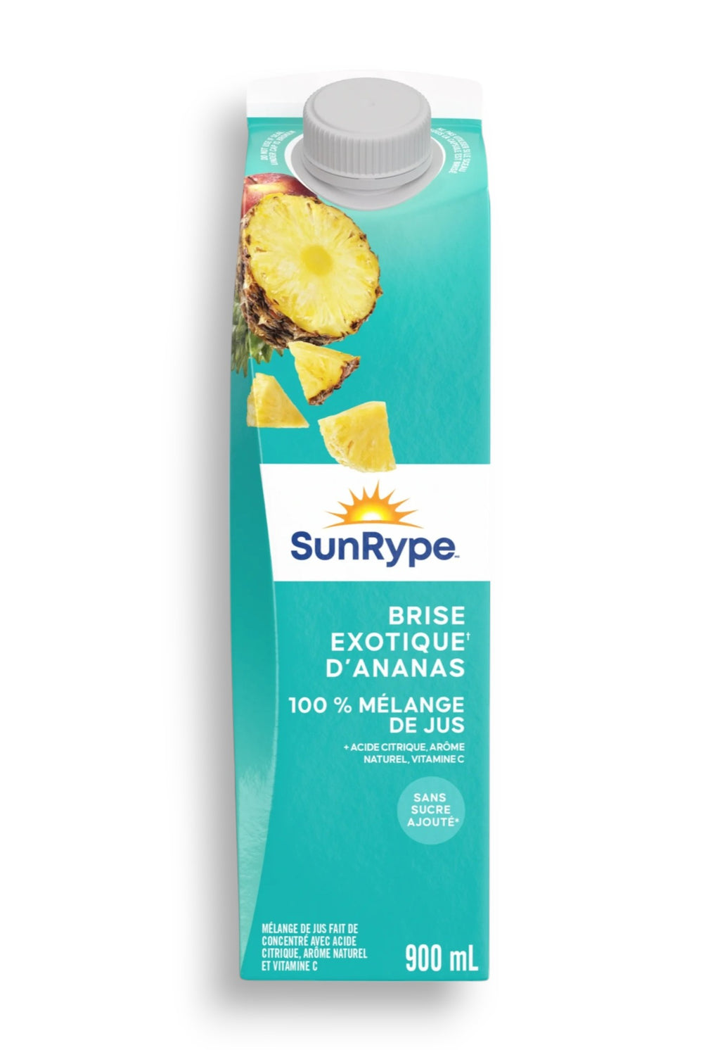 SunRype Fruit Juice, Pineapple Breeze, 900ml/30.4 fl. oz. Carton, back of carton