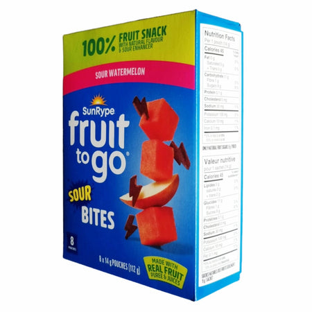SunRype Fruit to Go Sour Watermelon Bites 8x14g angle view showing individual pouches