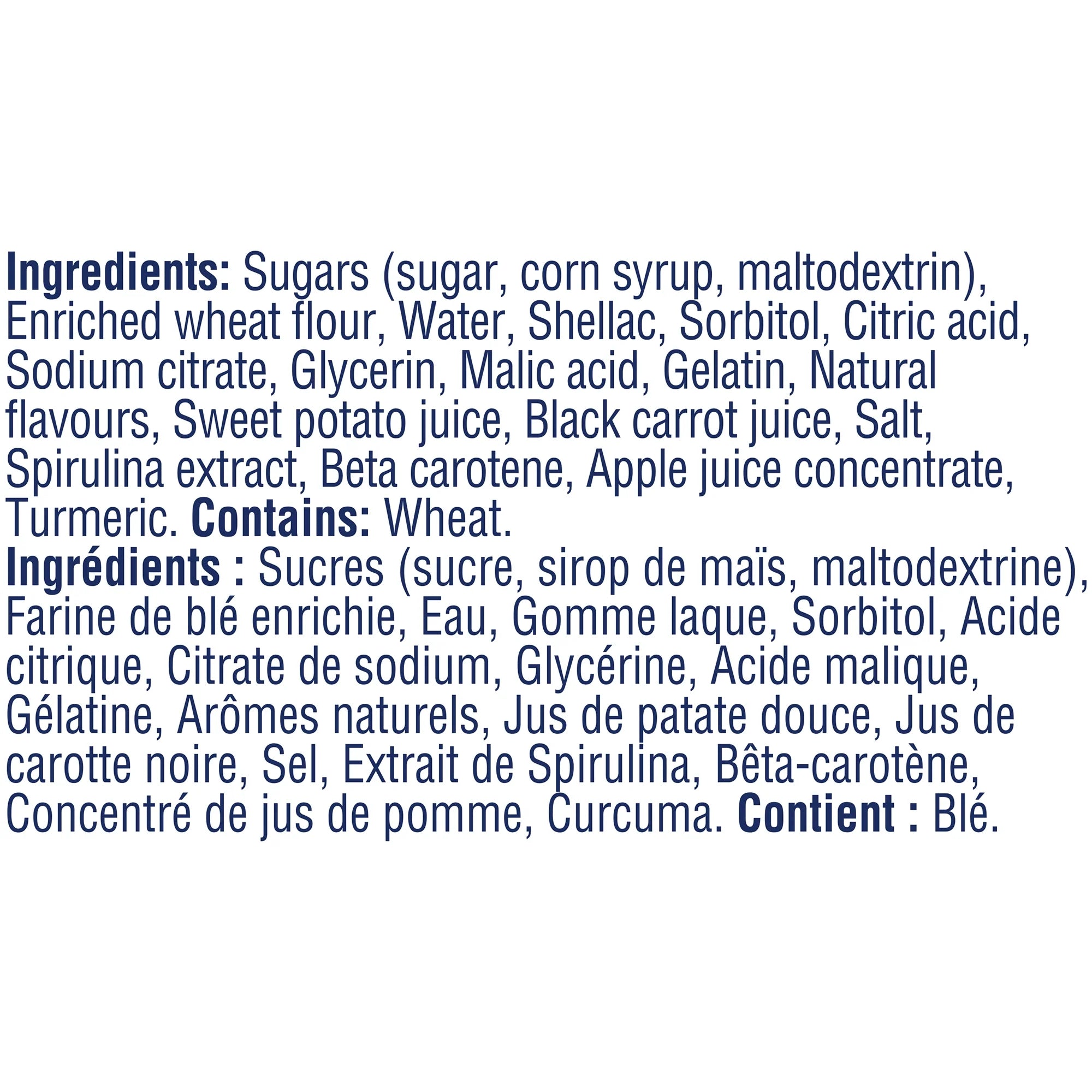 SweeTarts Twisted Rainbow Punch Ropes, 141g/5 oz. Bag - Ingredients Label