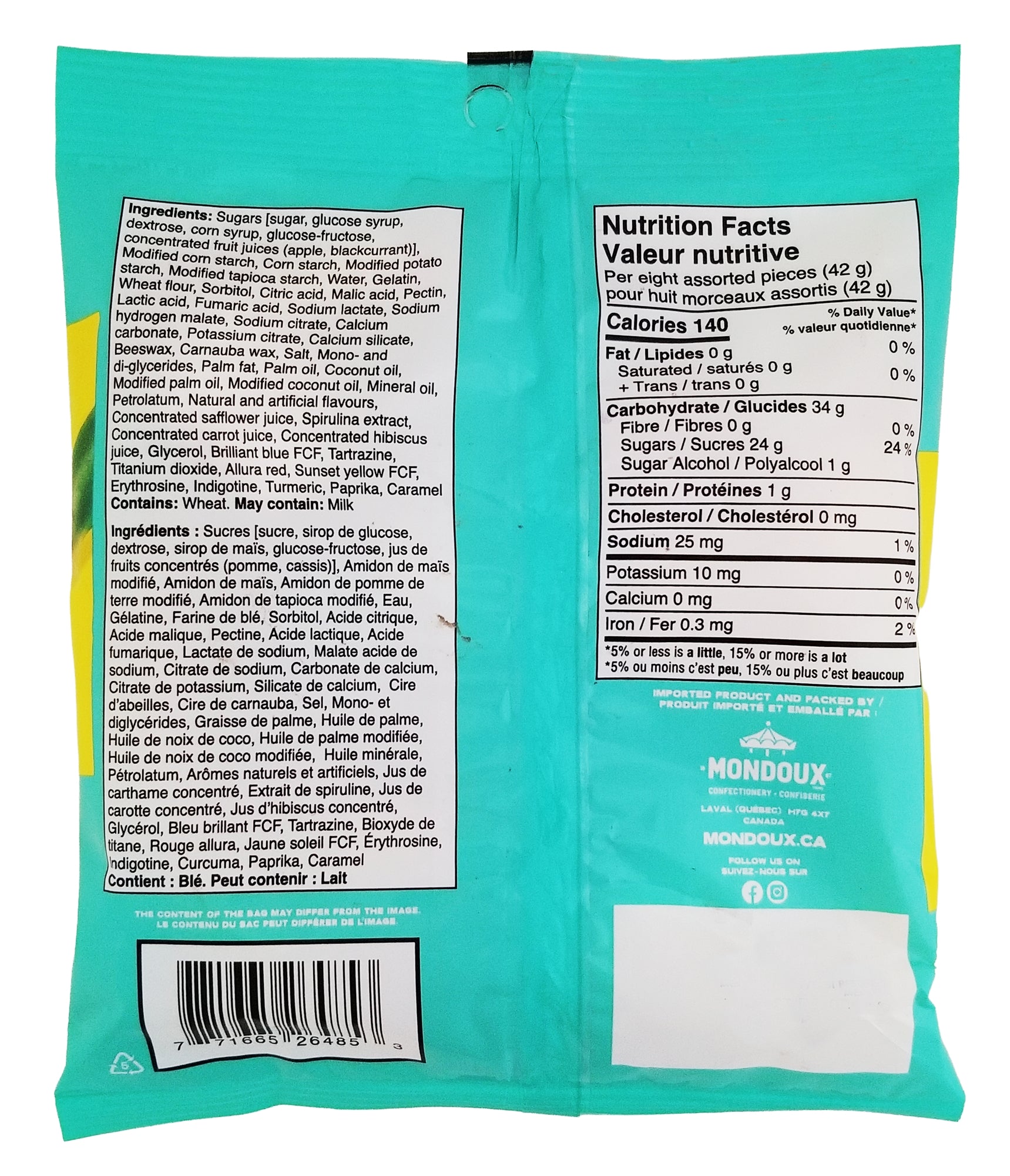 Mondoux Sweet Sixteen Original Gummy Candy 185 g — back of bag
