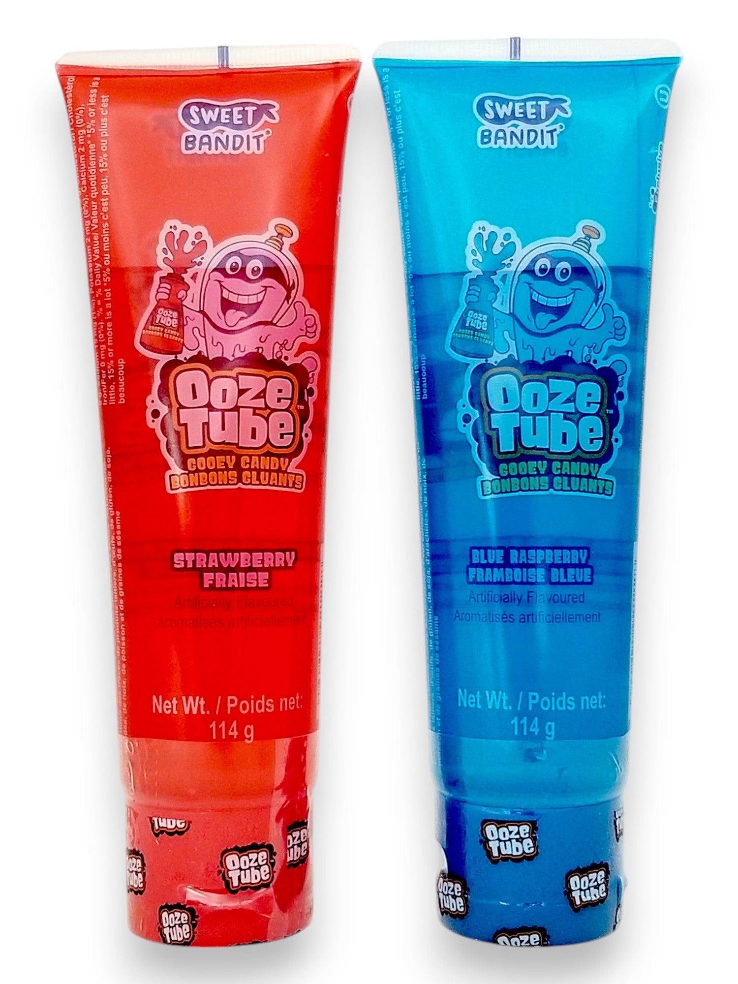 Sweet Bandit Ooze Tube Liquid Candy, One Tube 114g/4 oz. - Front Of Strawberry & Blue Raspberry Flavored Tubes
