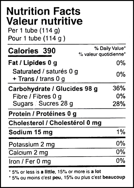 Sweet Bandit Ooze Tube Liquid Candy 12x114g, 1.3kg/3 lb., Package - Nutrition Facts