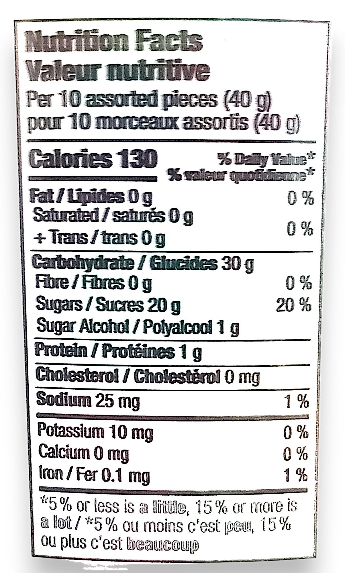 Mondoux Sweet Sixteen Gummy Candies, Original, 675g, nutrition label.