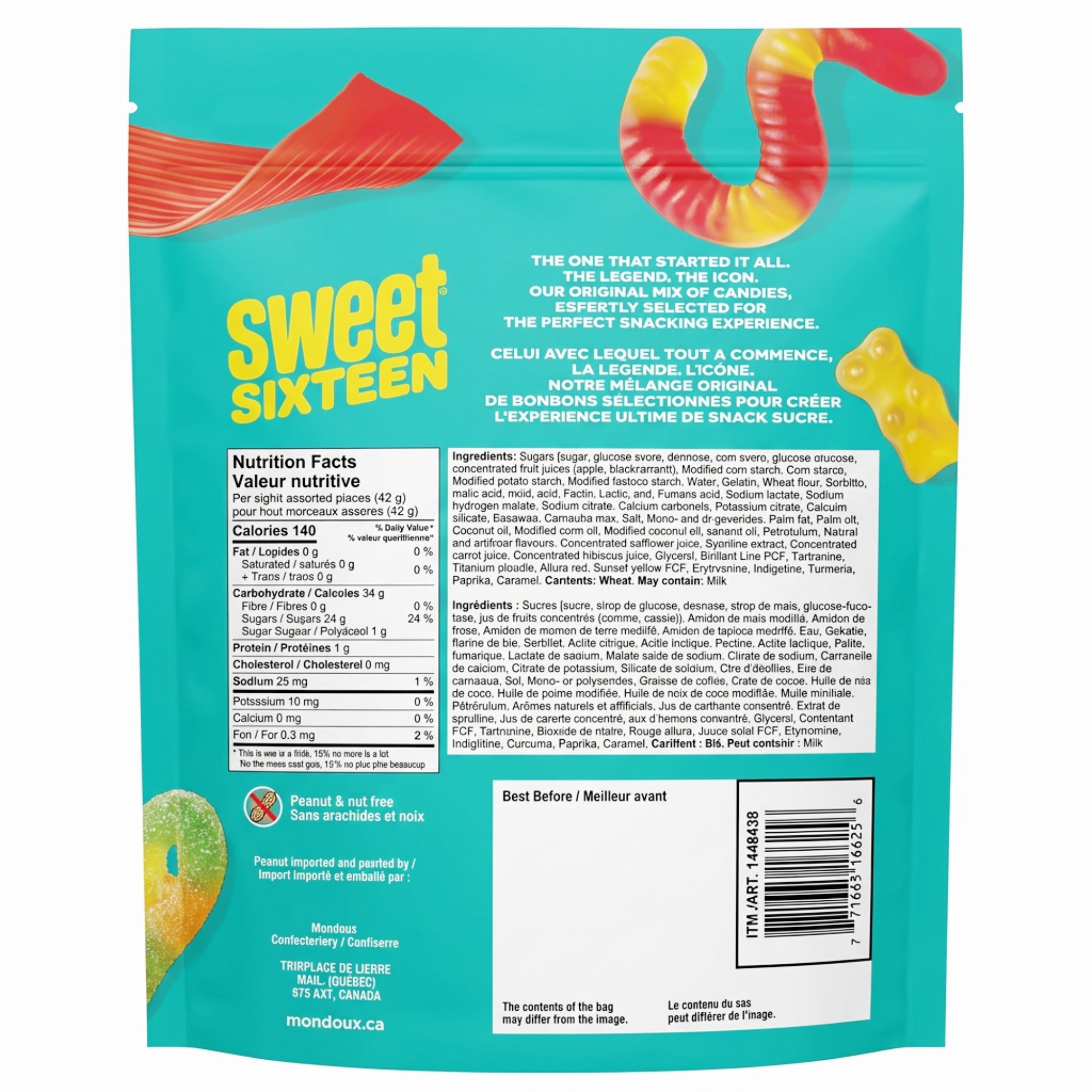 Back of Sweet Sixteen Original Mix bag showing ingredients, nutrition facts, peanut- and nut-free labeling, and barcode.