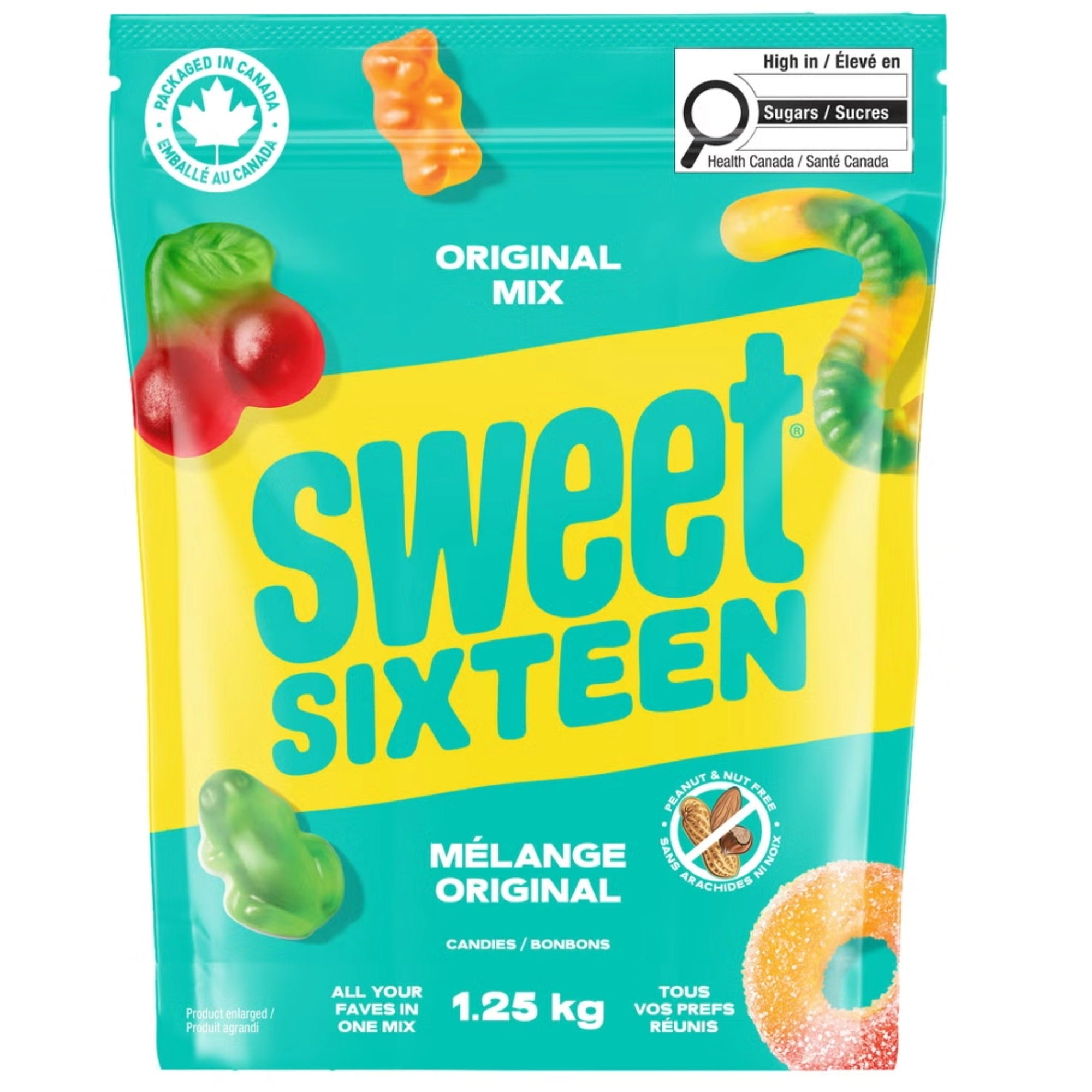 Sweet Sixteen Original Mix 1.25 kg gummy candy bag with peanut- and nut-free labeling and a packaged-in-Canada badge.