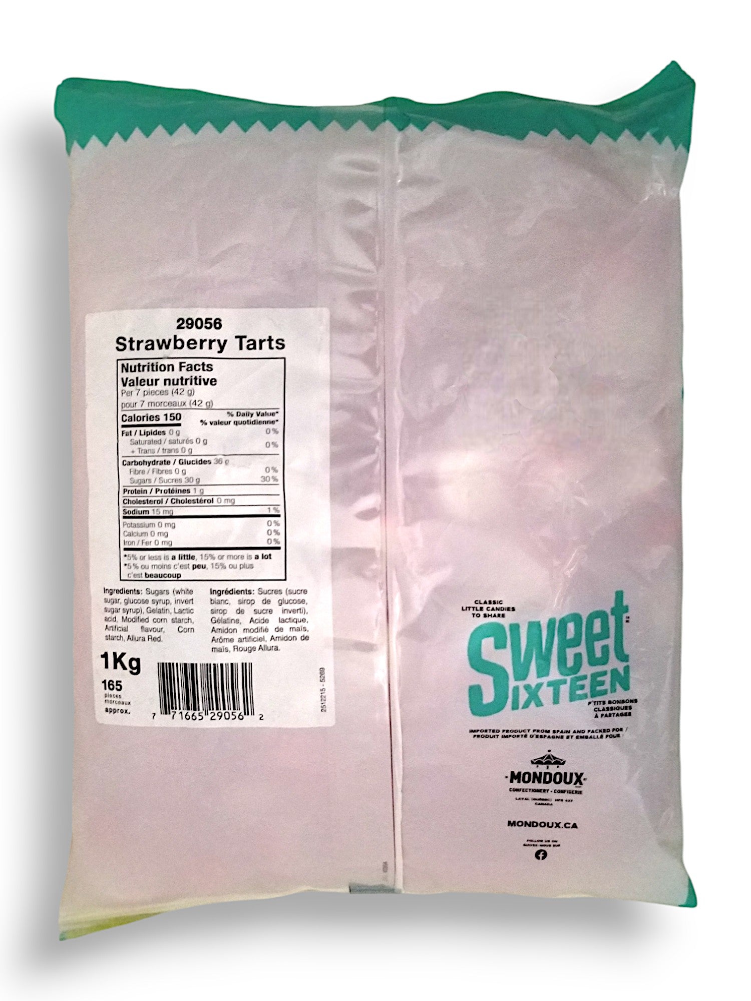 Mondoux Sweet Sixteen Strawberry Tarts Gummy Candy, 1kg/2.2lb., Bag, back of bag