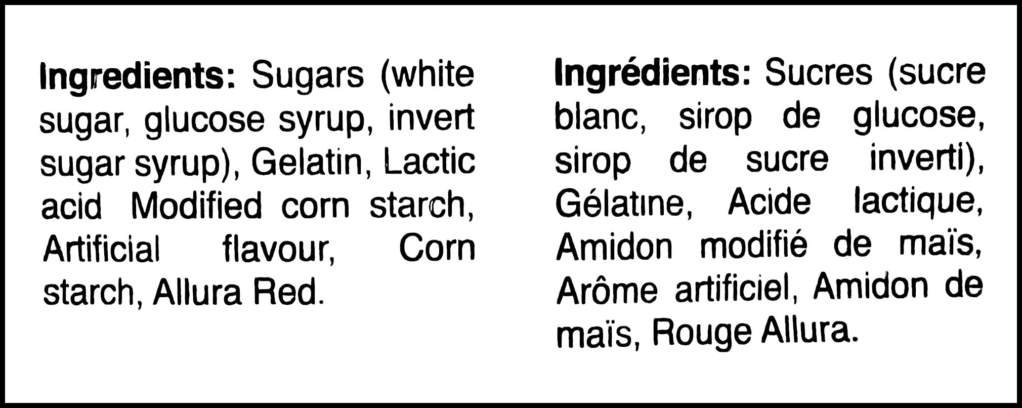 Mondoux Sweet Sixteen Strawberry Tarts Gummy Candy, 1kg/2.2lb., Bag, ingredients label