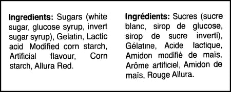 Mondoux Sweet Sixteen Strawberry Tarts Gummy Candy, 1kg/2.2lb., Bag, ingredients label