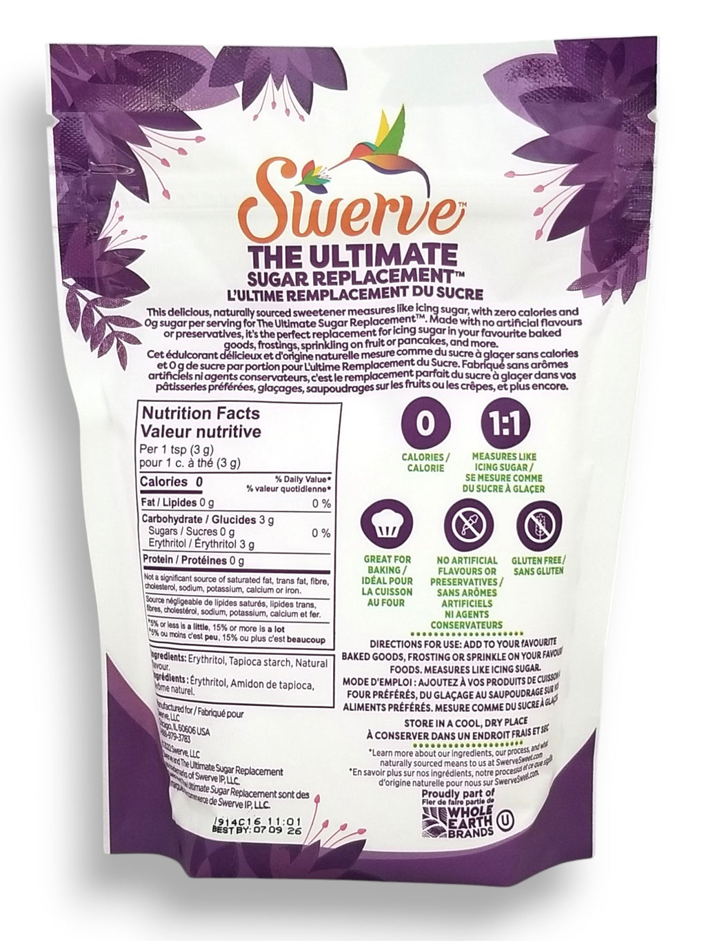 Swerve The Ultimate Sugar Replacement - Icing Sugar, 340g/12 oz. - Back Of Bag