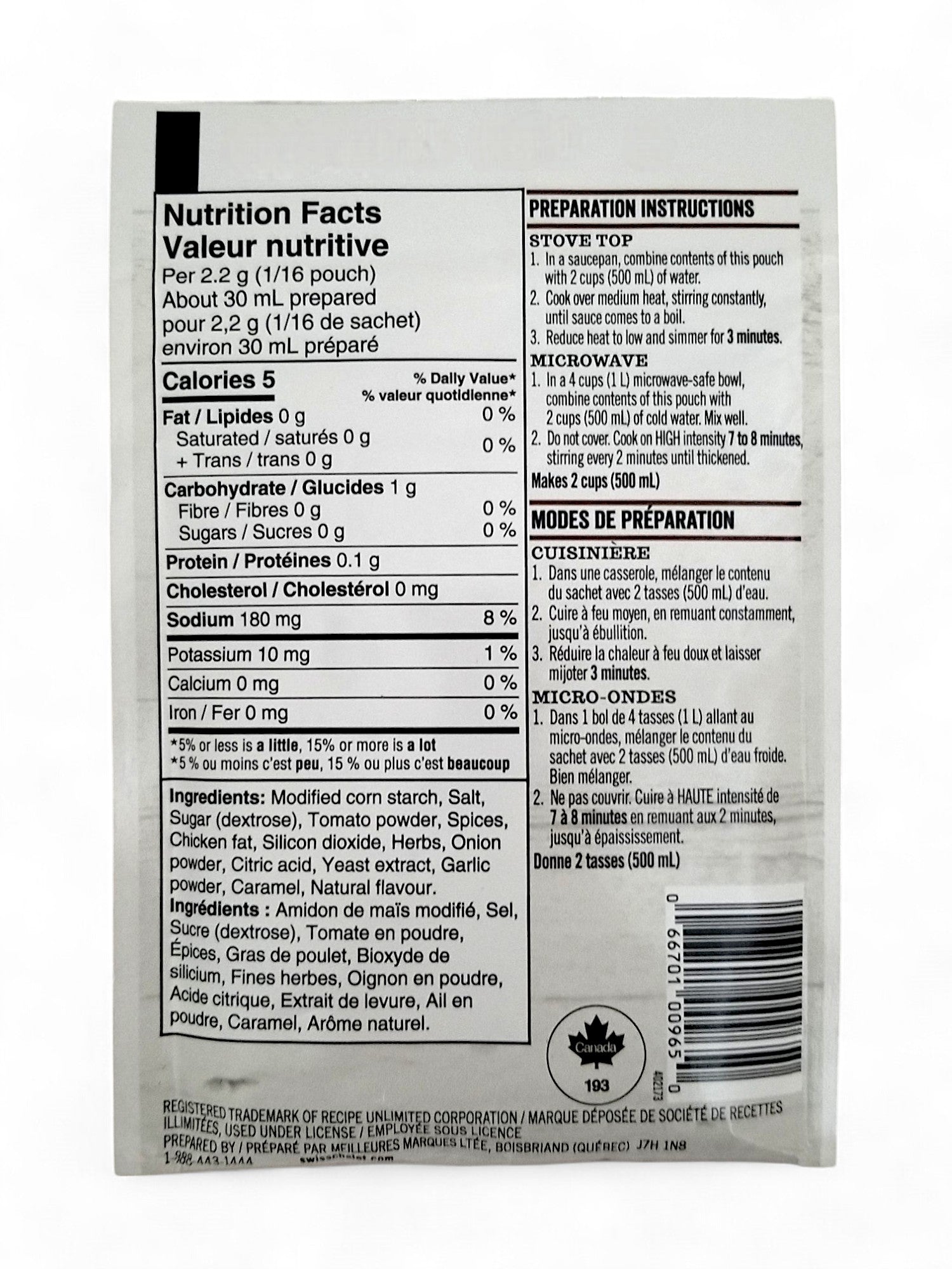 Swiss Chalet Dipping Sauce Mix – 36g/1.26 oz Pouch- Back