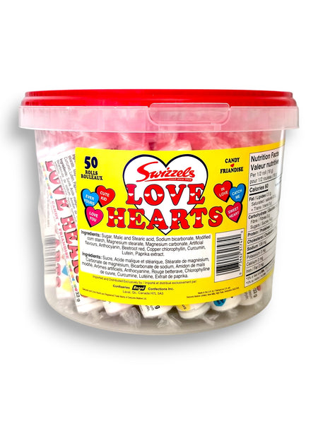 Swizzels Love Hearts Rockets Candy Rolls, 50 Rolls/3.8 lb. Tub, front of tub.