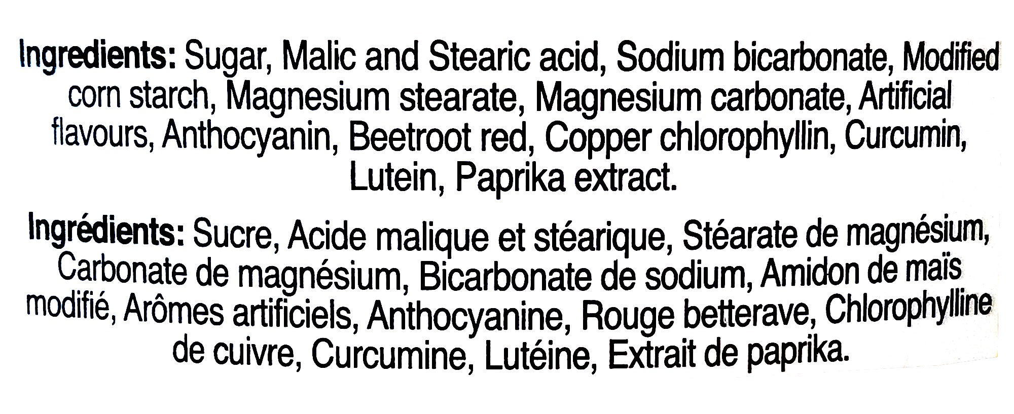 Swizzels Love Hearts Rockets Candy Rolls, 50 Rolls/3.8 lb. Tub, ingredients label.