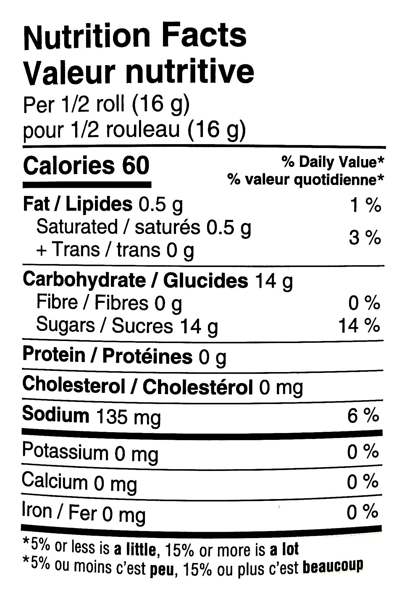 Swizzels Love Hearts Rockets Candy Rolls, 50 Rolls/3.8 lb. Tub, nutrition facts label.