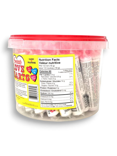 Swizzels Love Hearts Rockets Candy Rolls, 50 Rolls/3.8 lb. Tub, side of tub.