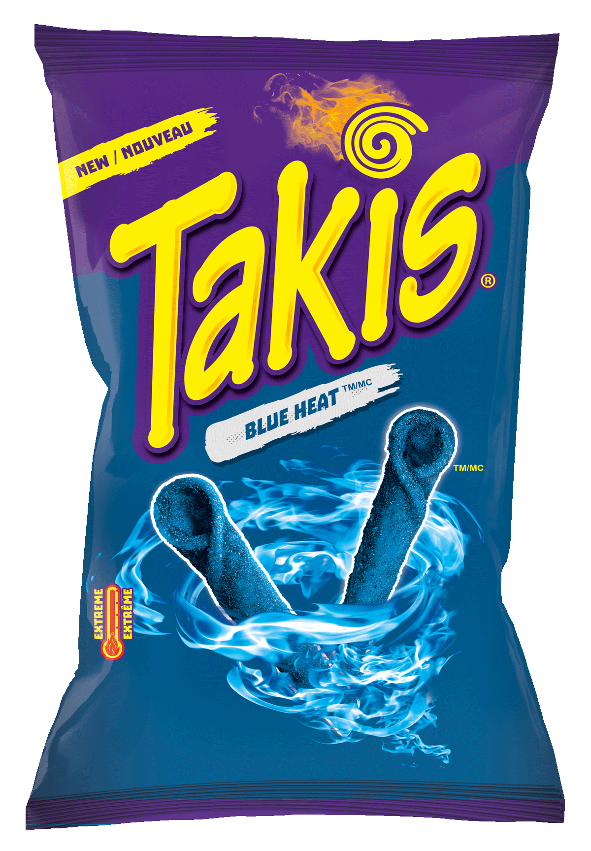 Takis Blue Heat Rolled Tortilla Chips, 80g, front of bag.