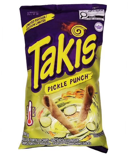 Takis Pickle Punch Rolled Tortilla Chips 260g front — bold tangy pickle flavor