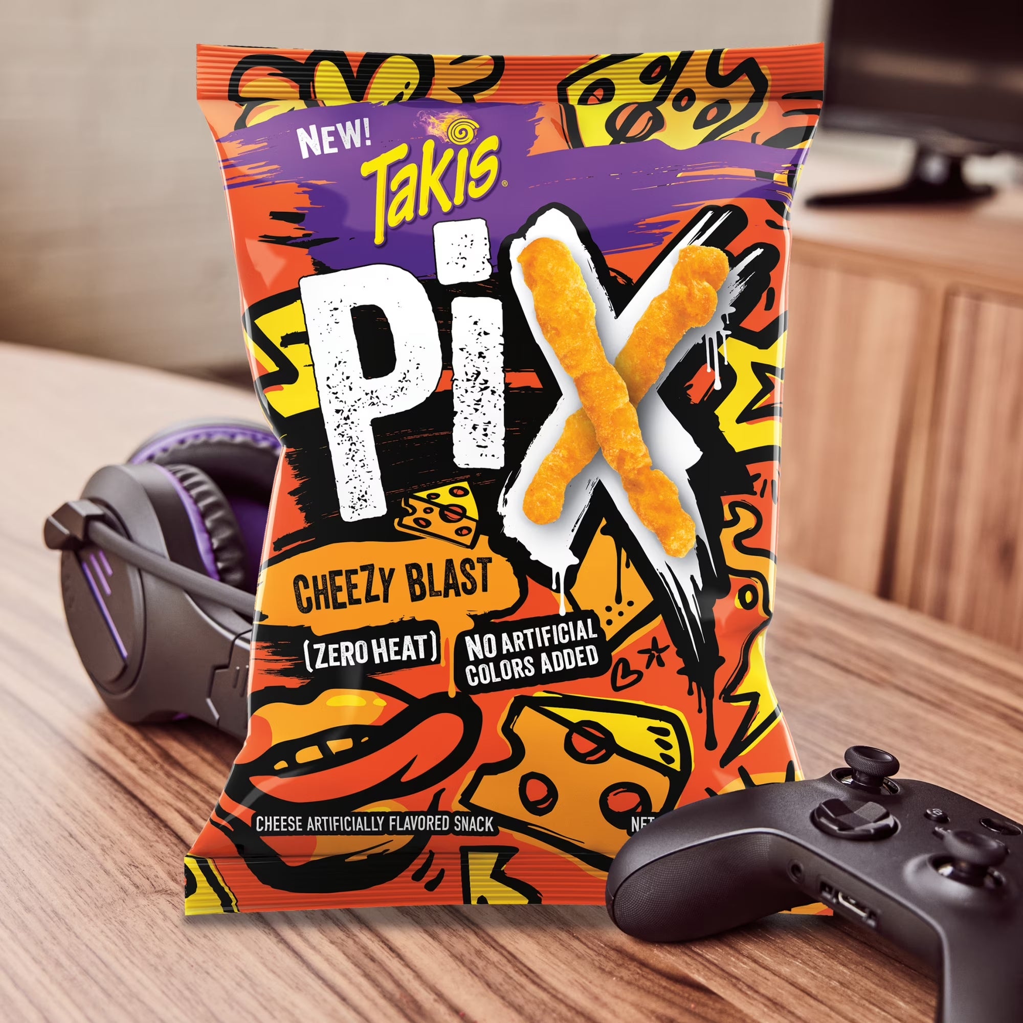 Takis Pix Cheezy Blast corn snack sticks, 240 g / 8.5 oz, as a game-night snack.