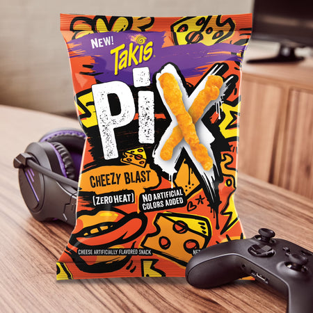 Takis Pix Cheezy Blast corn snack sticks, 240 g / 8.5 oz, as a game-night snack.
