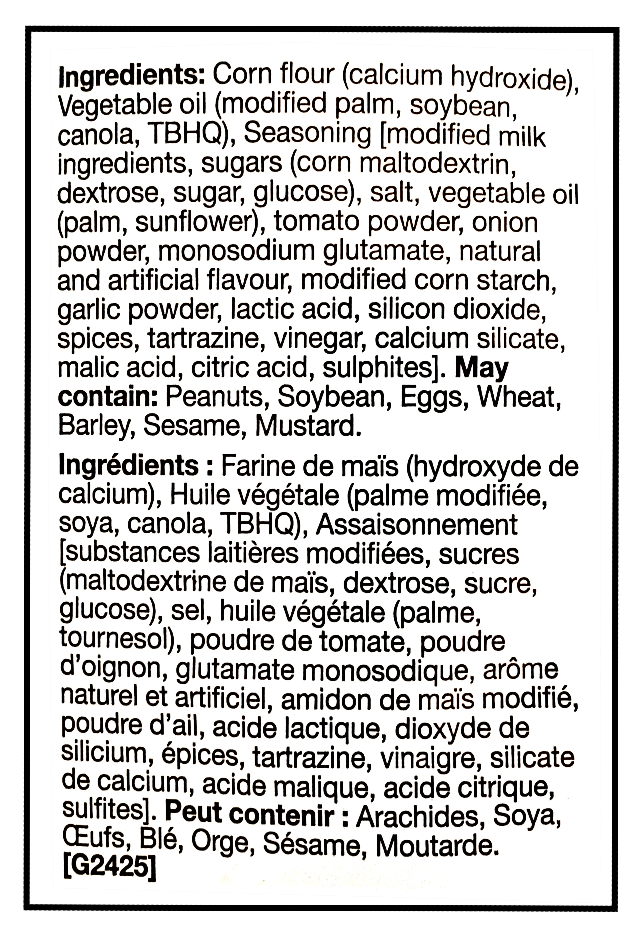 Takis Buckin' Ranch Non-Spicy Rolled Tortilla Chips, 260g/9.1 oz - Ingredients Label