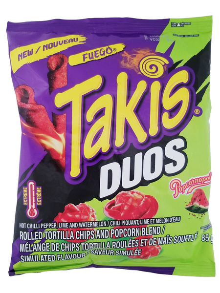 TAKIS Duos Fuego And Popcornopolis, 85g/6.9 oz packaging with purple and green design