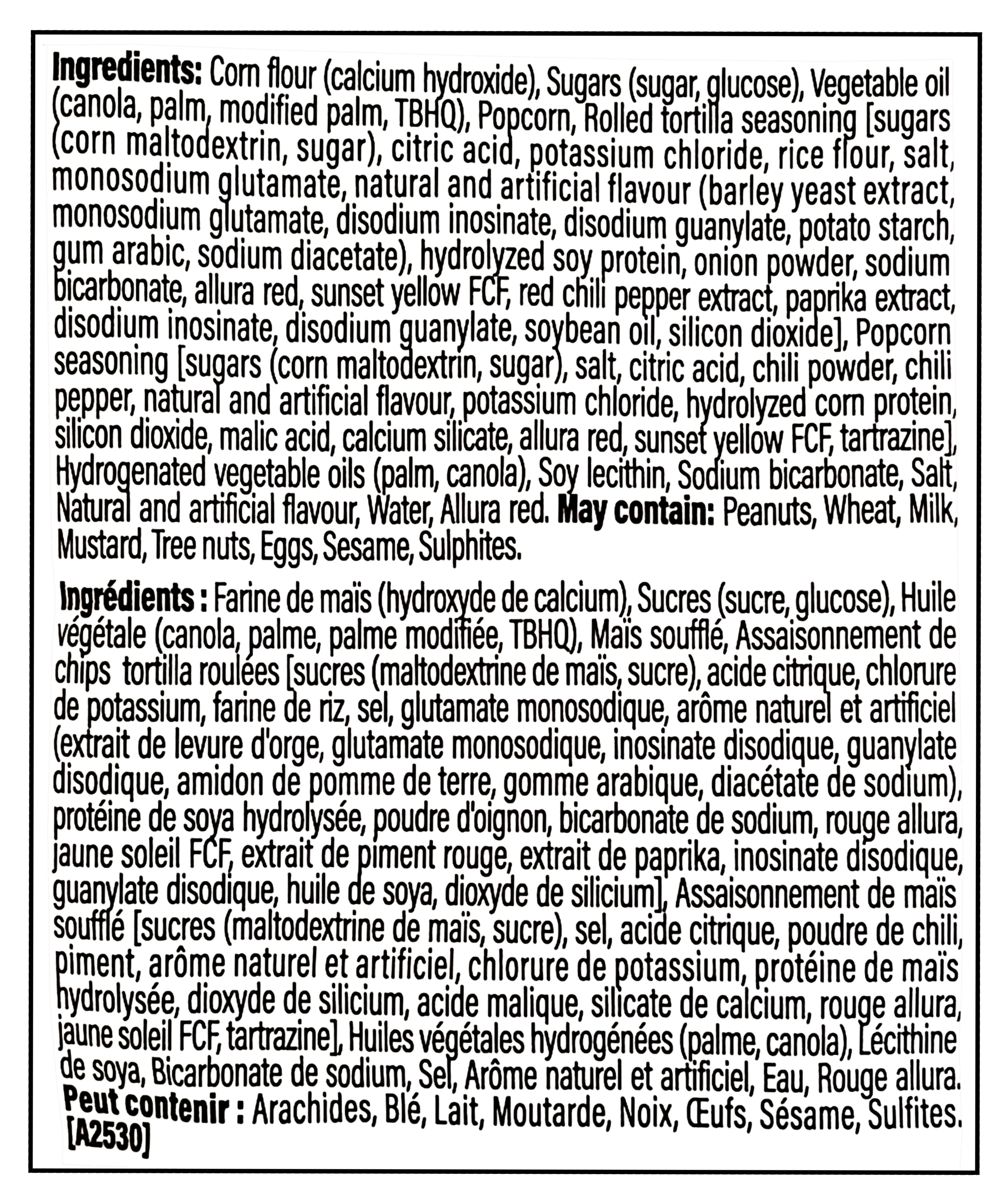 Detailed list of ingredients for TAKIS Duos Fuego And Popcornopolis, 85g/6.9 oz on a black background