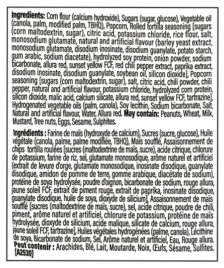 Detailed list of ingredients for TAKIS Duos Fuego And Popcornopolis, 85g/6.9 oz on a black background