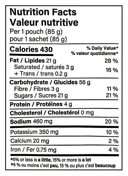 Nutrition facts label for TAKIS Duos Fuego And Popcornopolis, 85g/6.9 oz with detailed calorie and ingredient information.