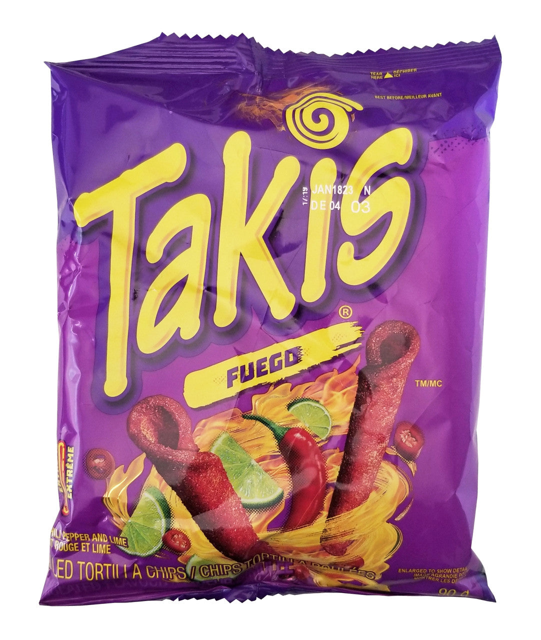 TAKIS Fuego Chili Pepper & Lime Rolled Tortilla Chips, 90g/3.15 oz. Bag {Imported from Canada}