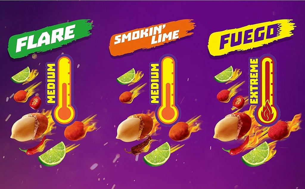 Takis Hot Nuts Flare, Double Crunch Peanuts, (12x90g),1.08kg/38.1 oz., different heat levels label.