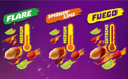 Takis Hot Nuts Flare, Double Crunch Peanuts, (12x90g),1.08kg/38.1 oz., different heat levels label.