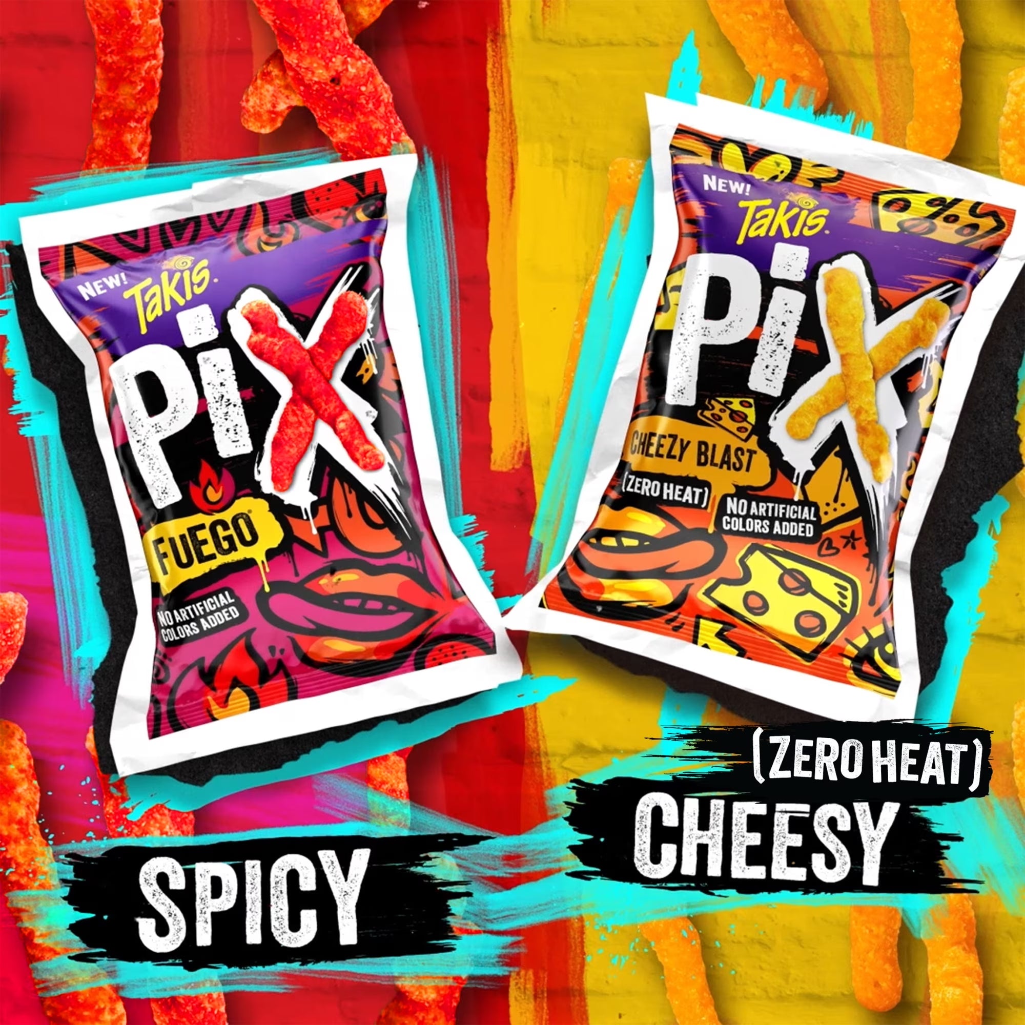 Takis Pix Cheezy Blast corn snack sticks, 240 g / 8.5 oz, in a two-flavor graphic.