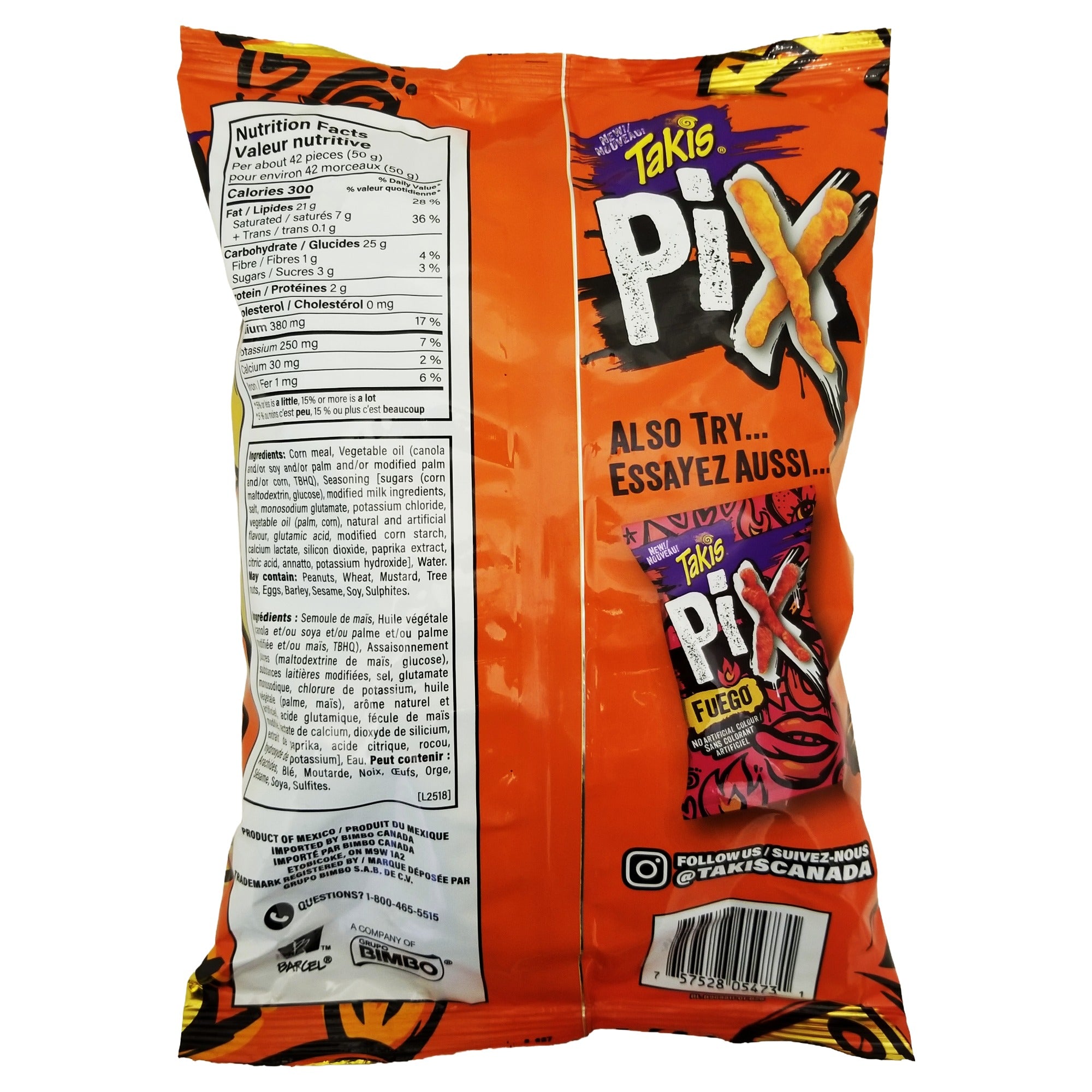Back of the Takis Pix Cheezy Blast corn snack sticks package, 240 g / 8.5 oz.