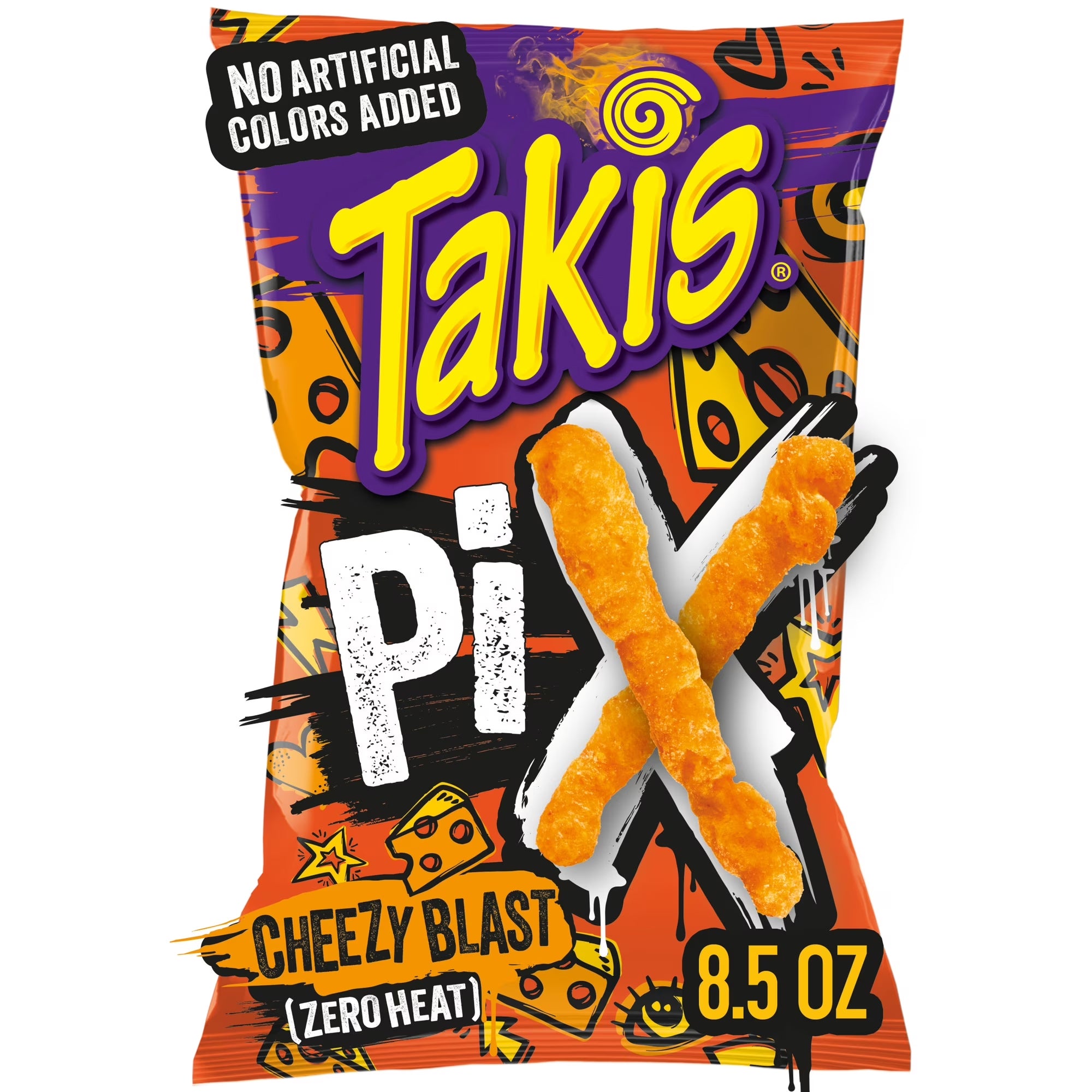 Front view of Takis Pix Cheezy Blast corn snack sticks, 240 g / 8.5 oz package.