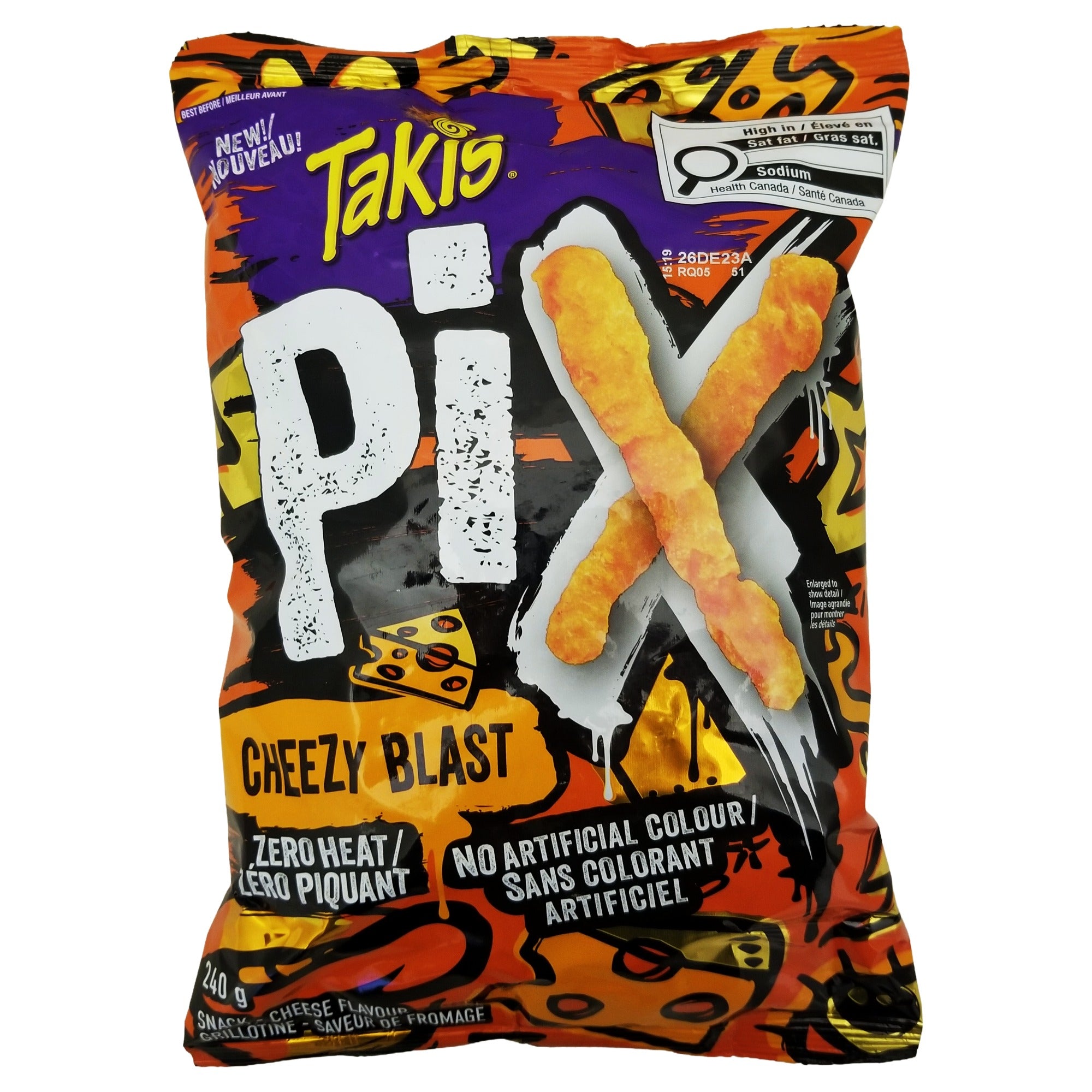 Takis Pix Cheezy Blast corn snack sticks, 240 g / 8.5 oz bag, front package view.