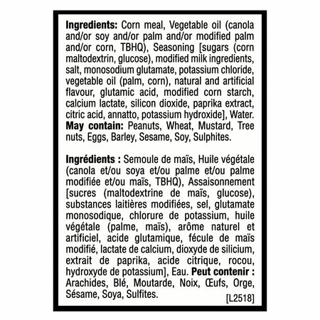 Ingredients panel for Takis Pix Cheezy Blast corn snack sticks, 240 g / 8.5 oz.