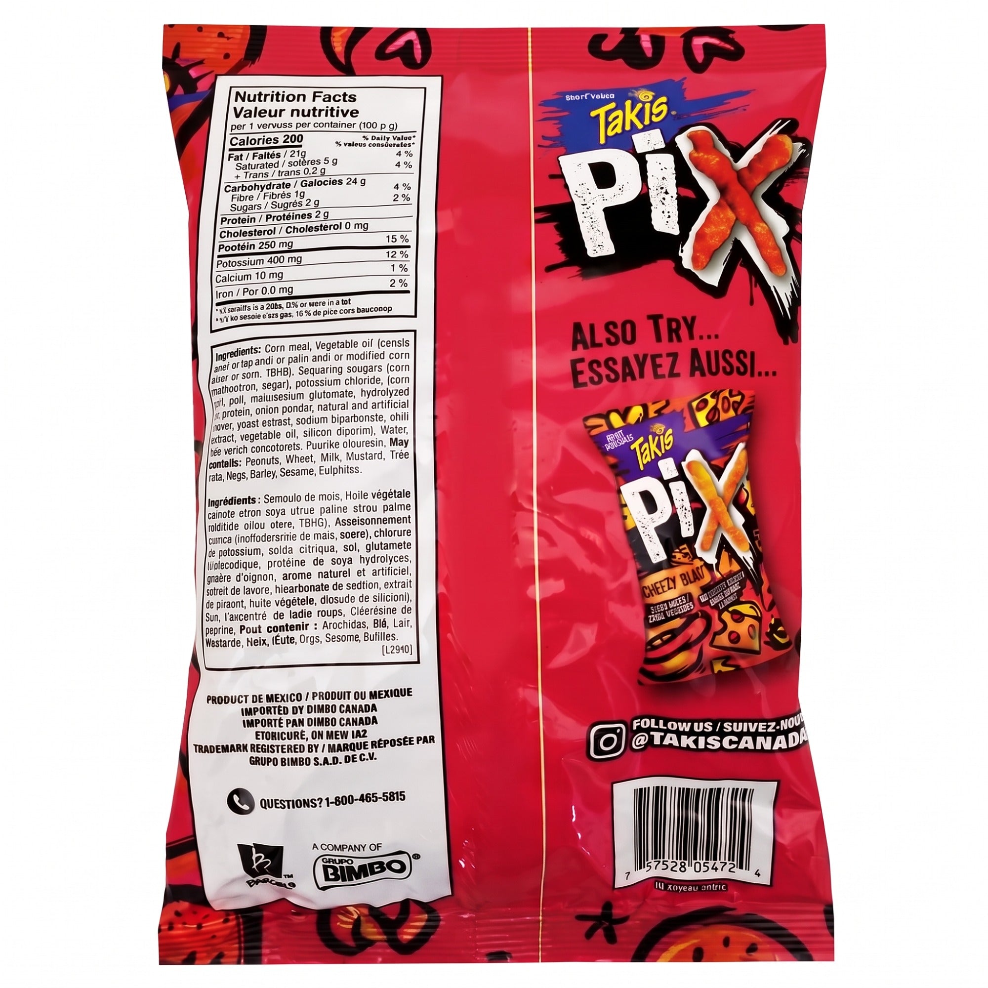 Back of Takis Pix Fuego rolled tortilla chips, 240 g bag