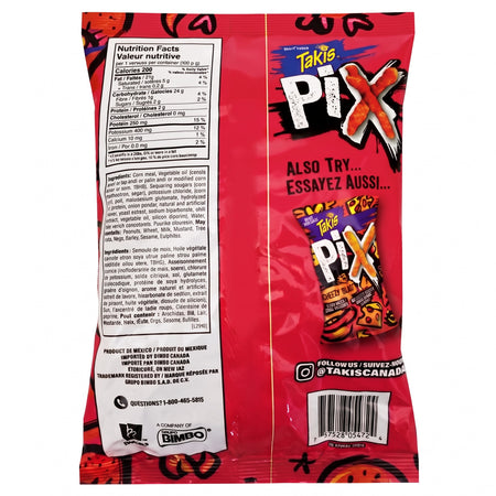 Back of Takis Pix Fuego rolled tortilla chips, 240 g bag