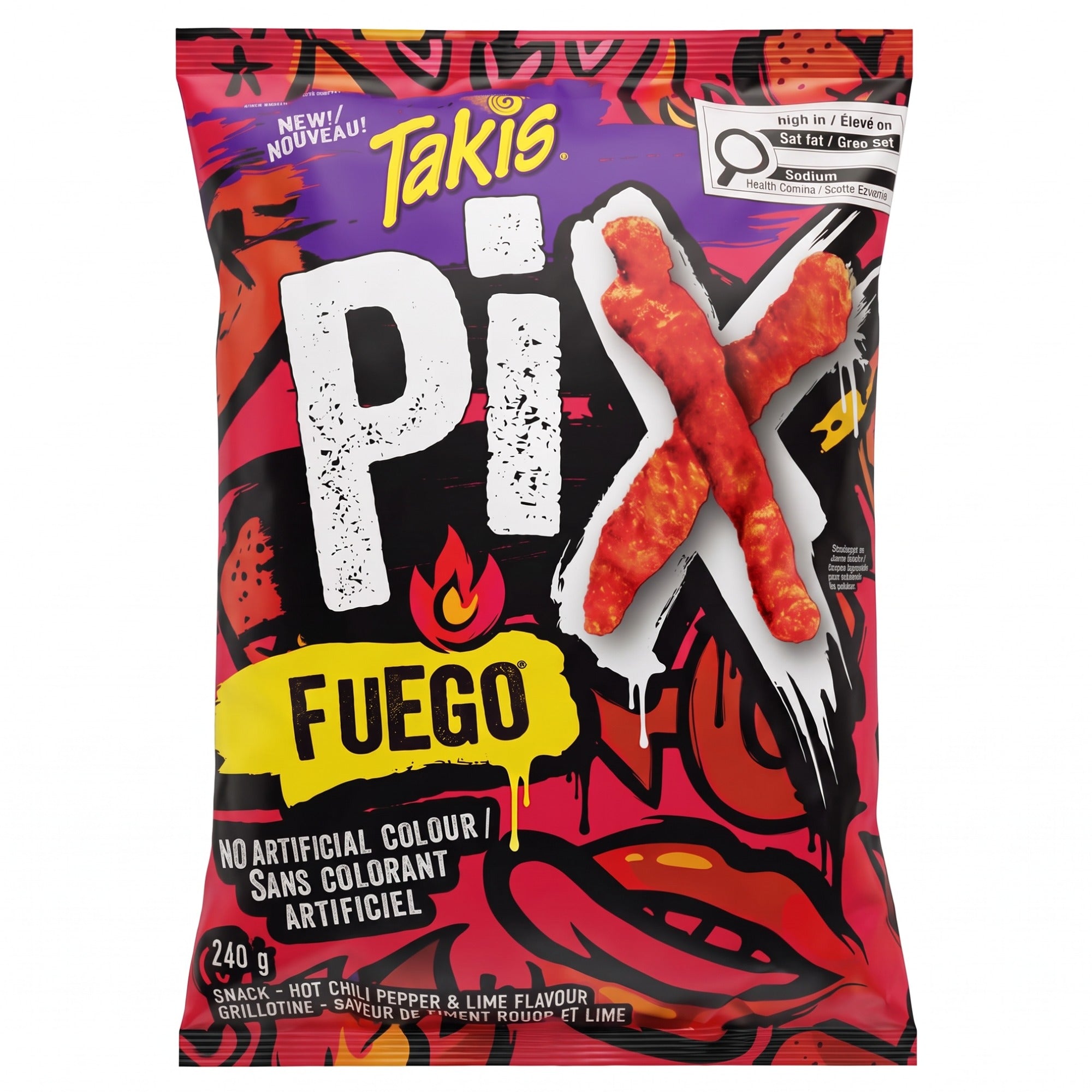 Front of Takis Pix Fuego hot chili pepper and lime rolled tortilla chips, 240 g bag