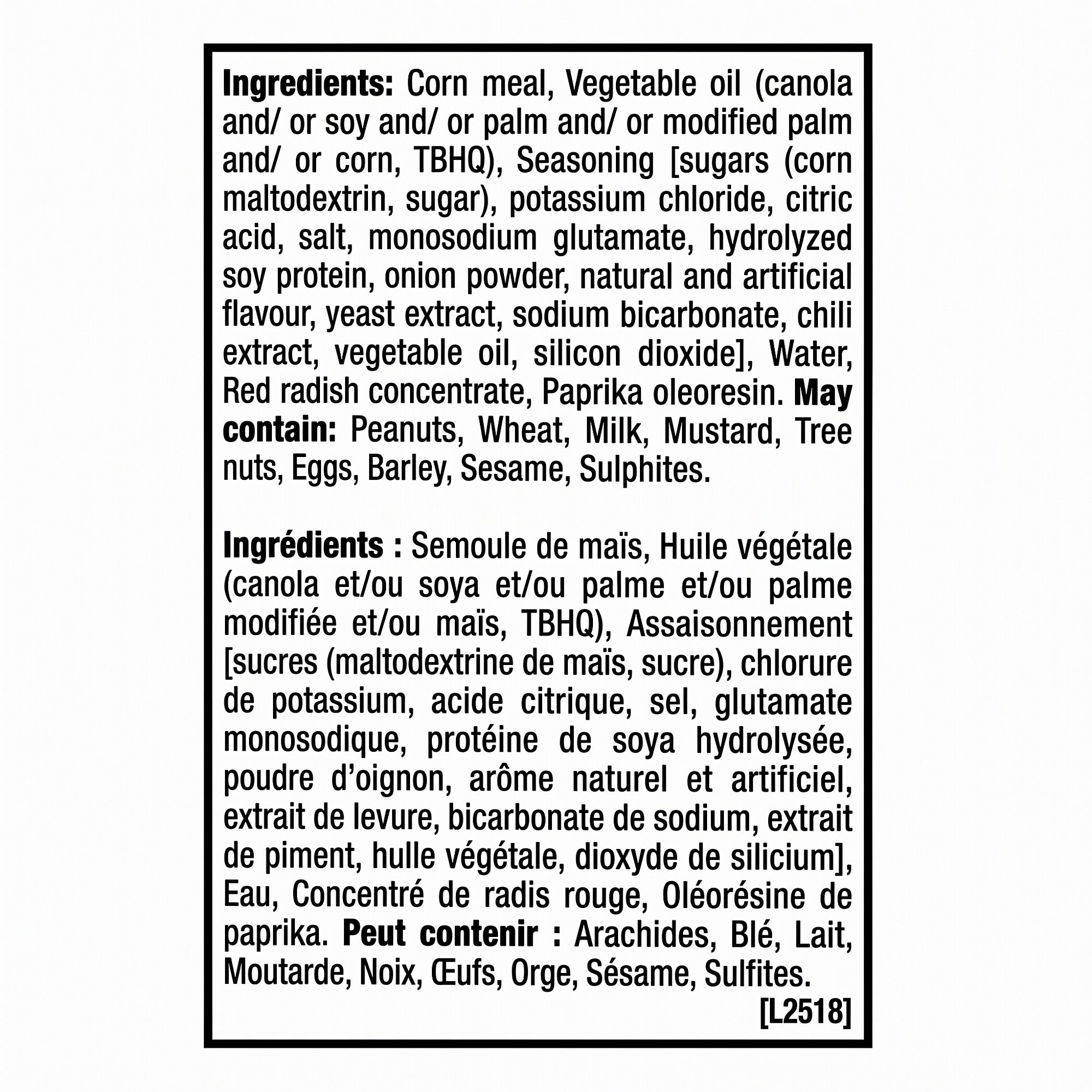 Ingredients label for Takis Pix Fuego rolled tortilla chips, 240 g