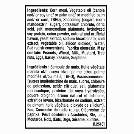 Ingredients label for Takis Pix Fuego rolled tortilla chips, 240 g