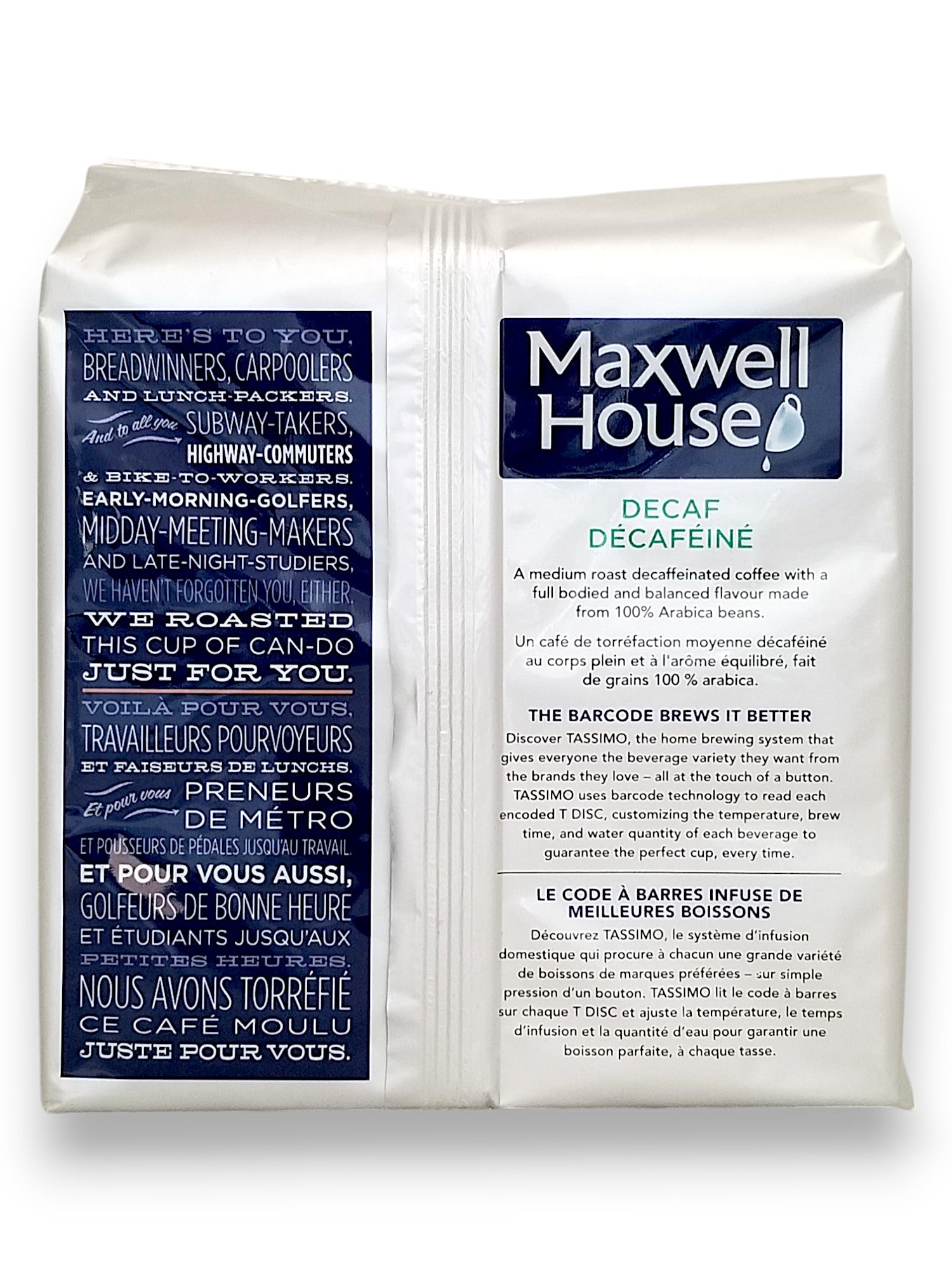 Tassimo Maxwell House Decaf coffee single serve discs, 14ct, 110g/3.9 oz. - Back Of Package
