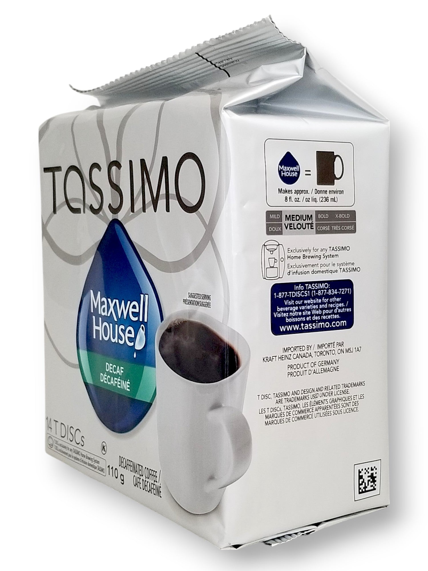 Tassimo Maxwell House Decaf coffee single serve discs, 14ct, 110g/3.9 oz. - Left Side Of Package