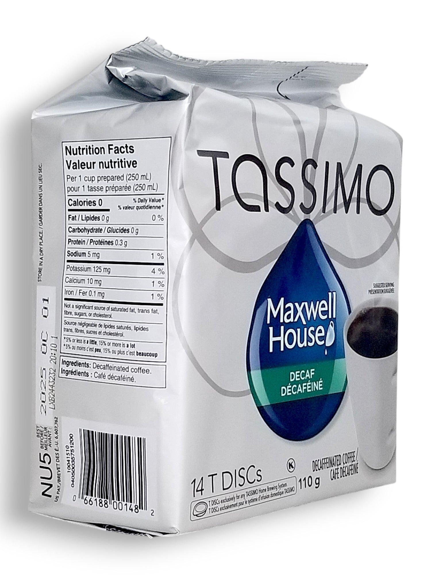 Tassimo Maxwell House Decaf coffee single serve discs, 14ct, 110g/3.9 oz. - Right Side Of Package