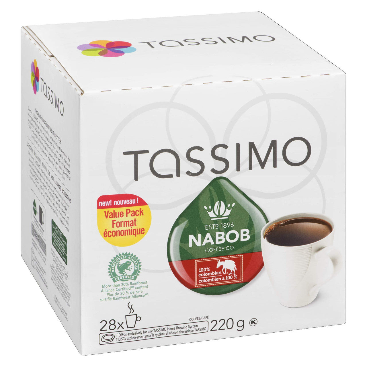 Tassimo Nabob 100% Colombian Coffee Single Serve T-Discs – 28 T-Discs Left side of the box