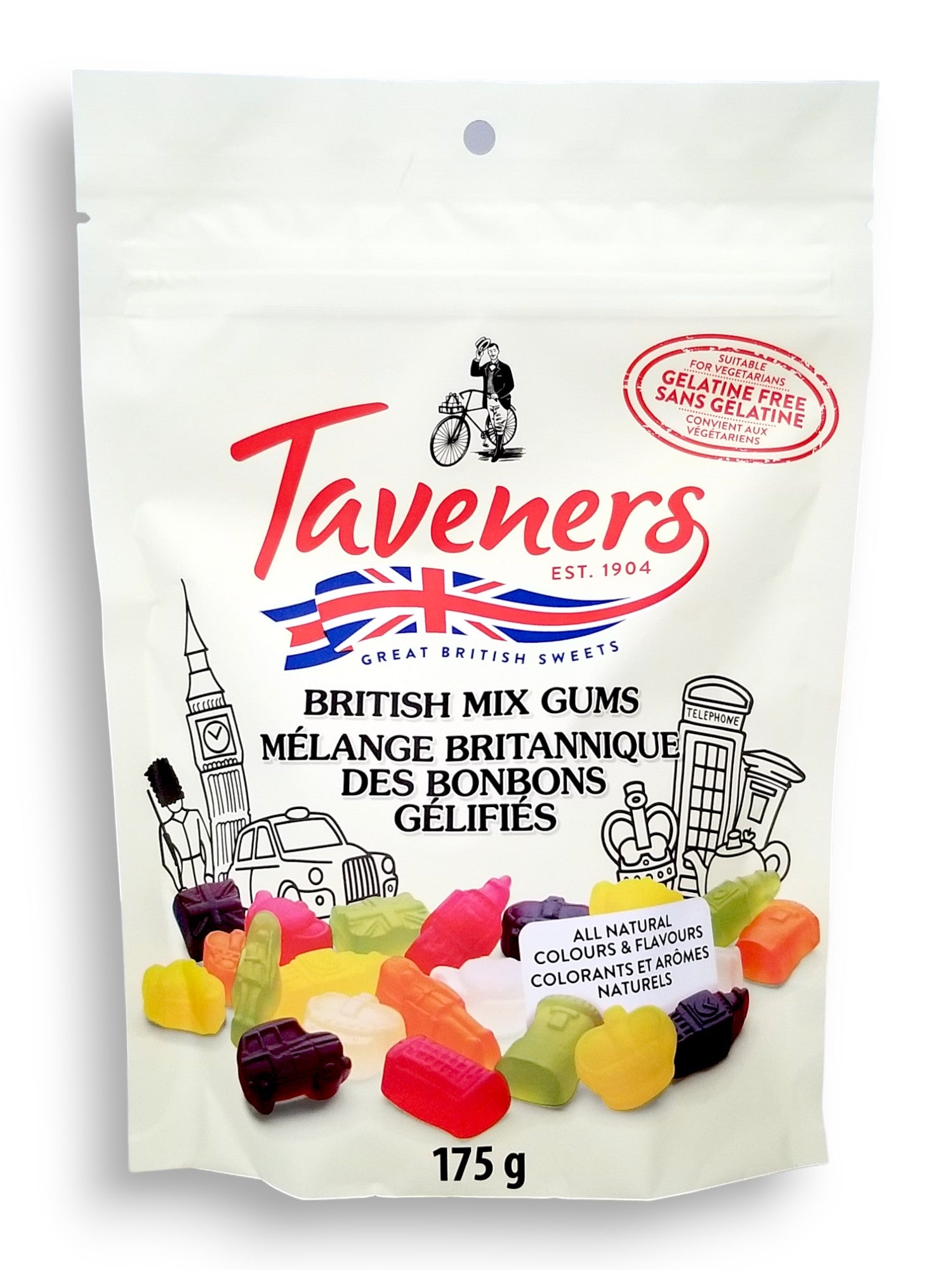 Taveners British Mix Gums, Fruity Flavors, 175g, front of bag.