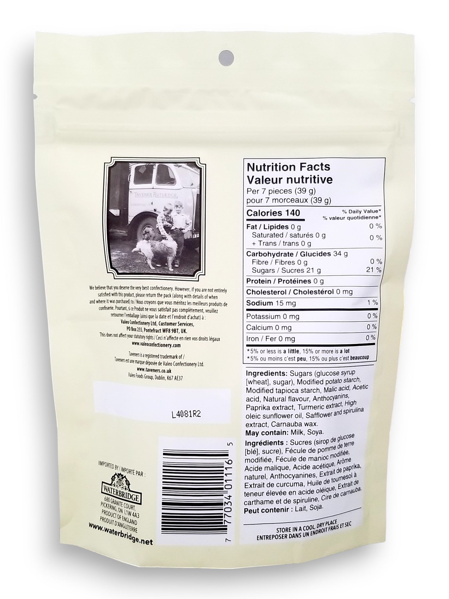 Taveners British Mix Gums, Fruity Flavors, 175g, back of bag.