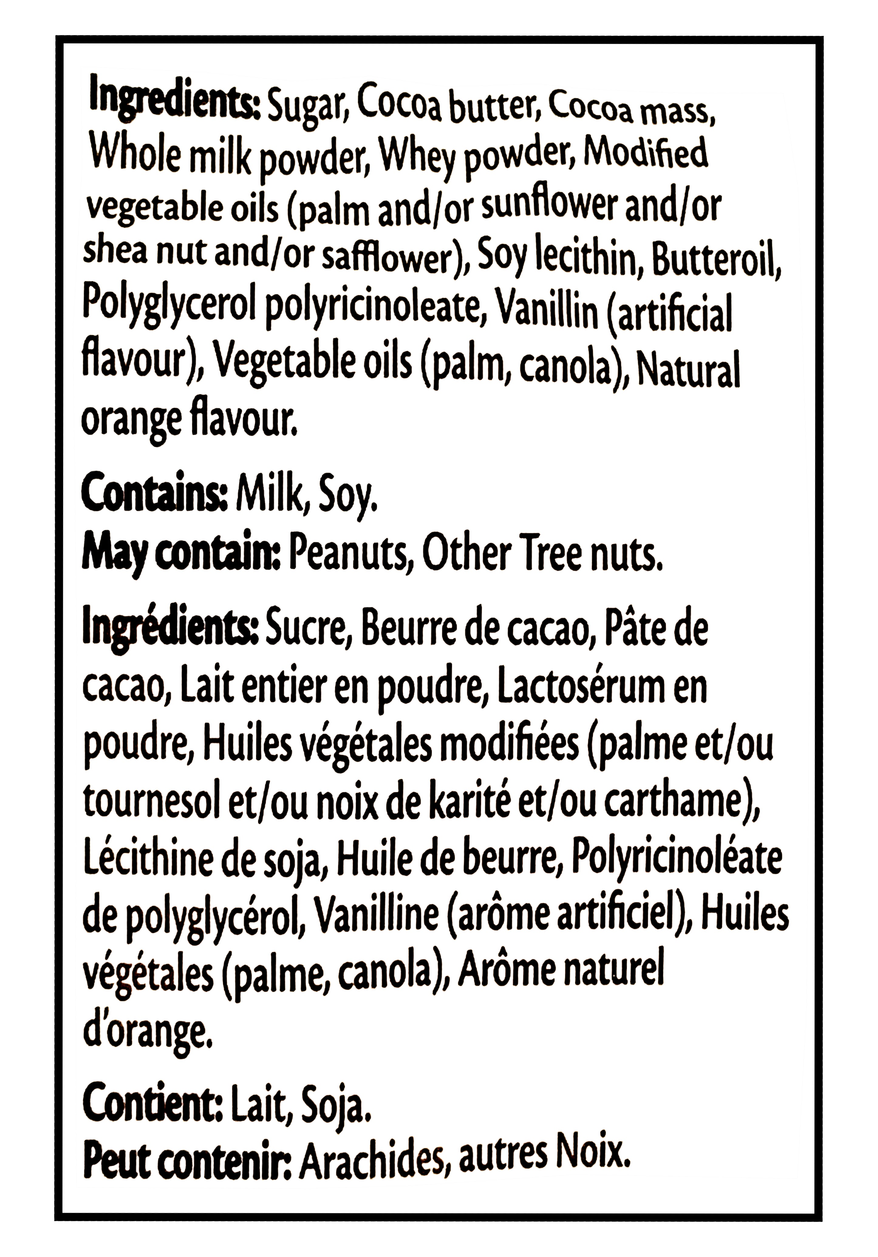 Terry's Orange Milk Chocolate Bunny, 130g/4.6 oz. - Ingredients Label