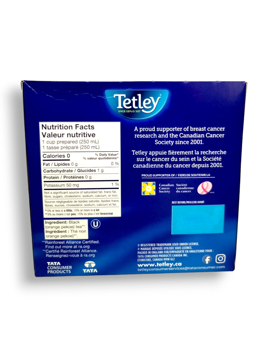 Tetley Orange Pekoe Black Tea - 72 Count, 227g, back of package.